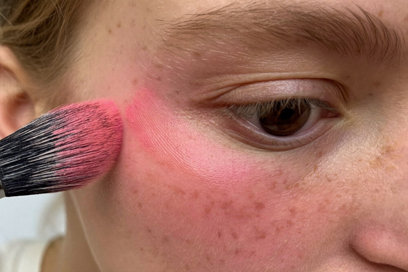 Warm pink blush swept high across the cheekbone toward the temple on freckled skin