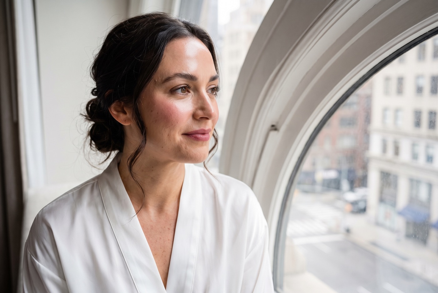 A bride by a hotel window in a white robe wearing soft, luminous bridal makeup with high rosy blush and a mauve lip