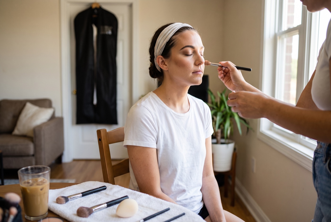 A bride-to-be sitting by a window in a white t-shirt and headband during a makeup trial, brushes laid out on a white towel in the foreground