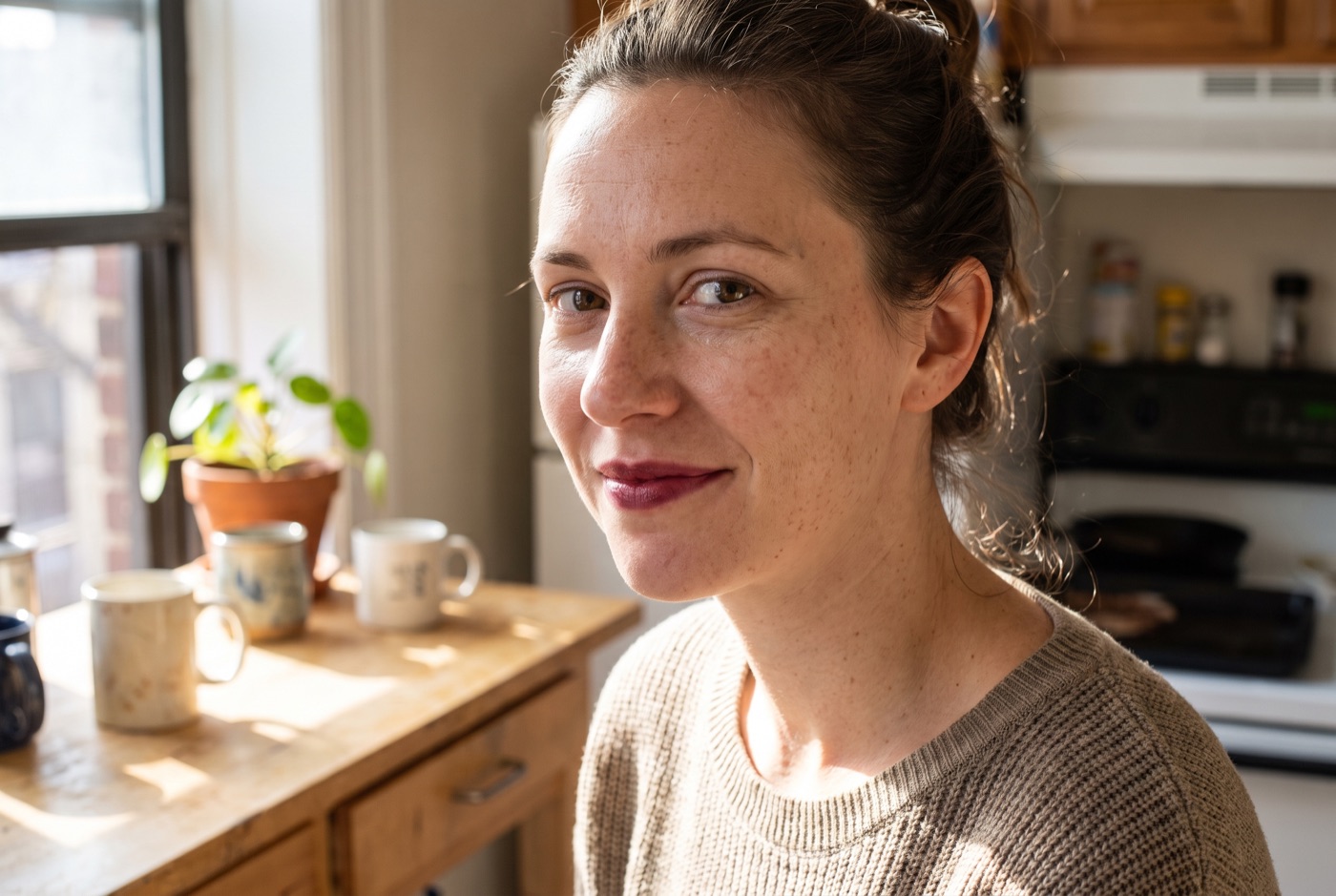 A woman in a sunlit kitchen wearing a sheer black-cherry stain on her lips, applied with a fingertip