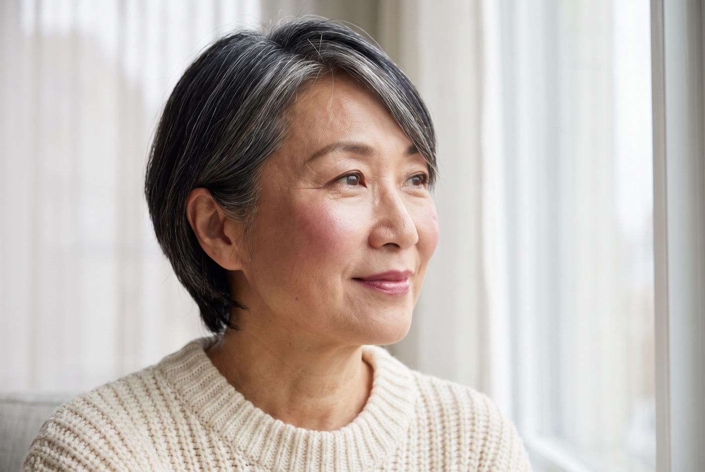 Woman in her sixties by a window with a soft-focus velvety complexion and berry blush high on the cheekbones