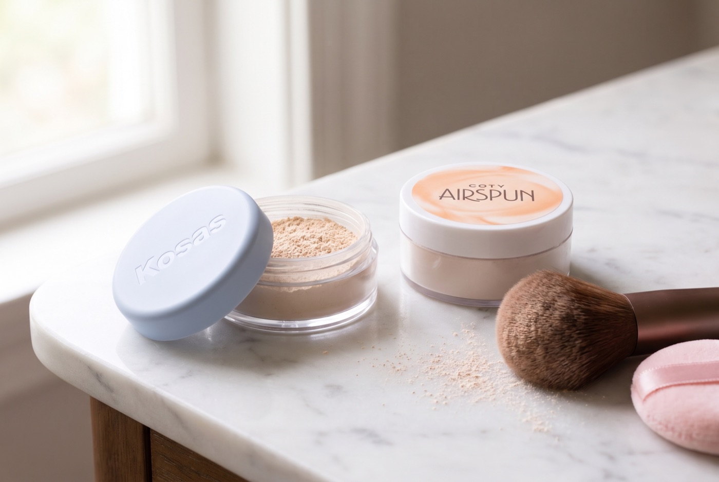 A jar of Kosas Cloud Set loose powder and a tub of Coty Airspun loose face powder on a marble vanity with a powder brush and a velour puff