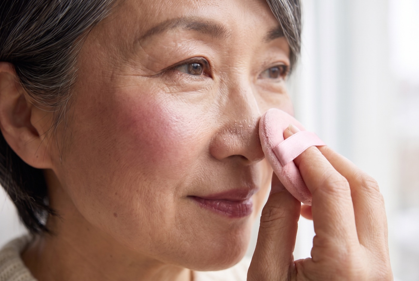 A velour powder puff pressed against the side of the nose while the cheekbone beside it keeps its satin glow