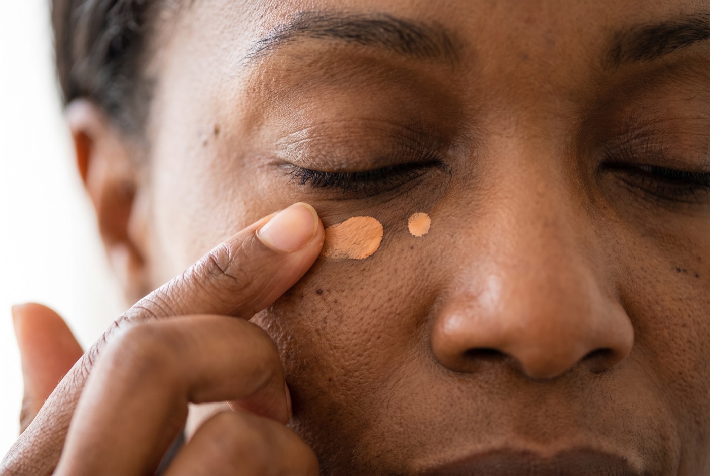 Two small dots of peach cream corrector on the under-eye area, one being tapped in with a fingertip