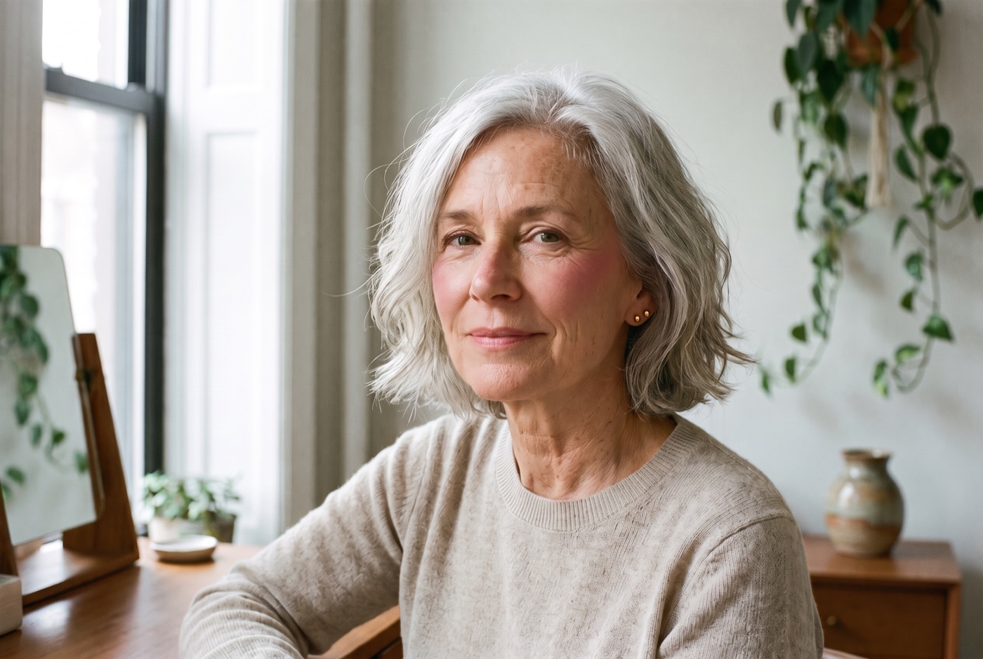 Woman in her sixties with silver hair and a sheer rosy cream blush high on her cheekbones, sitting by a window
