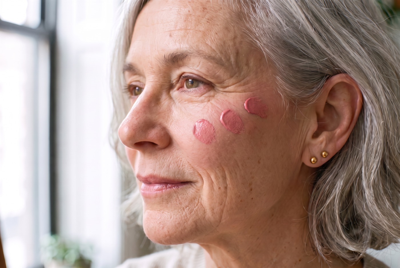 Three small fingertip dabs of rosy cream blush along the top of a mature woman's cheekbone, rising toward the temple