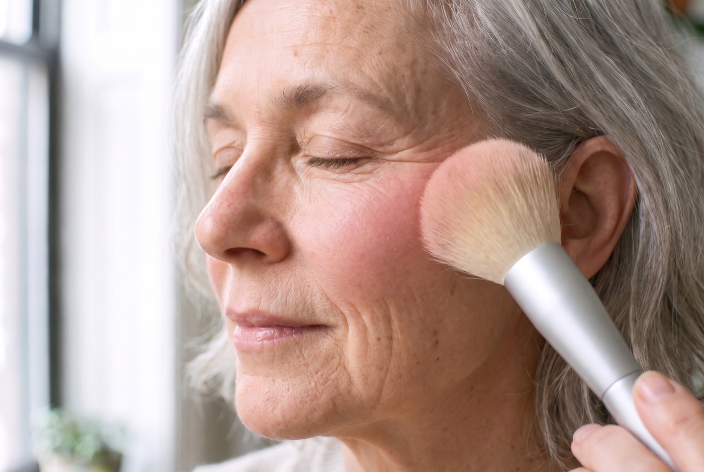 A large fluffy brush sweeping a sheer layer of powder blush over cream blush on a mature woman's cheekbone