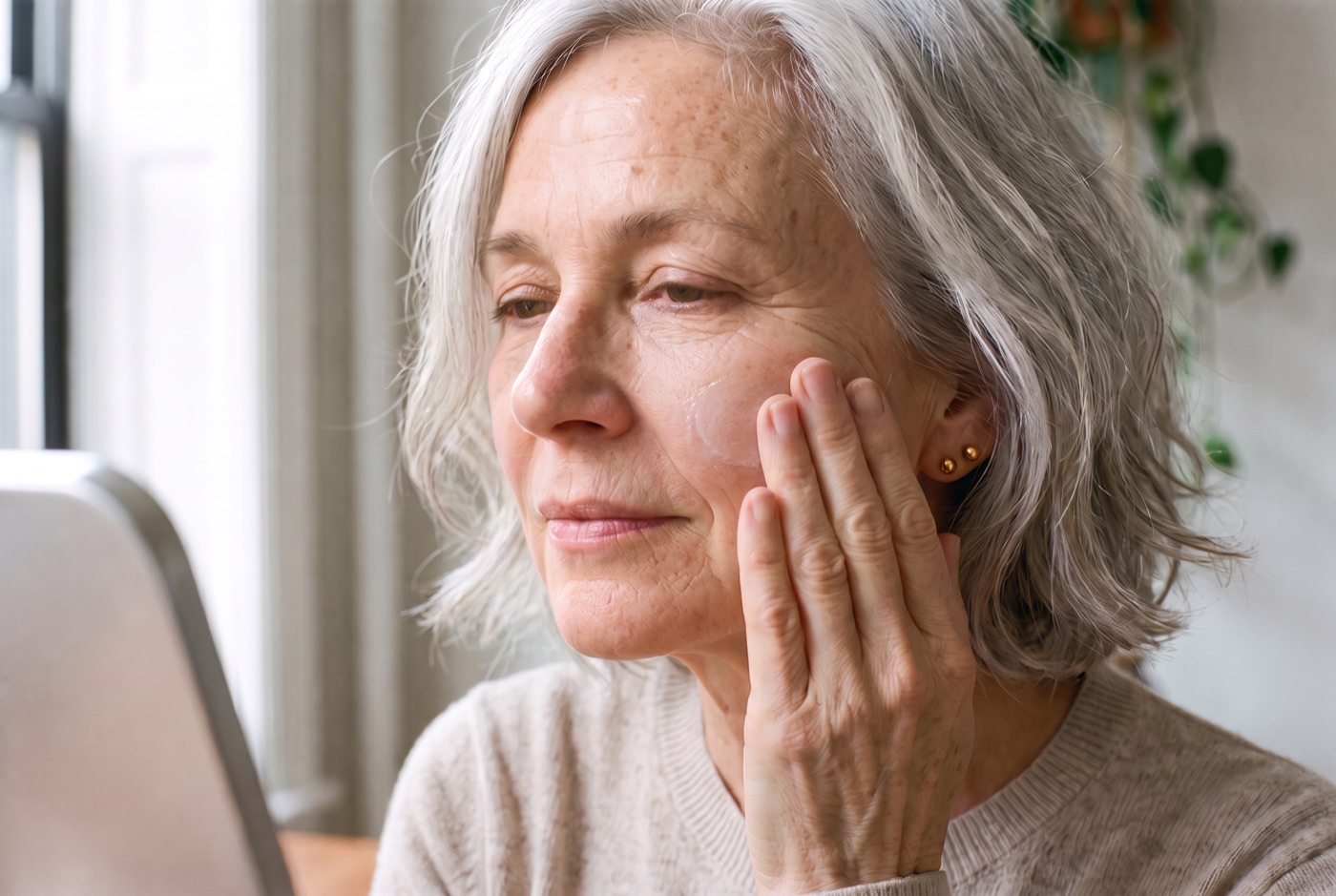 A woman in her sixties pressing moisturizer into her bare cheek with flat fingertips by a window