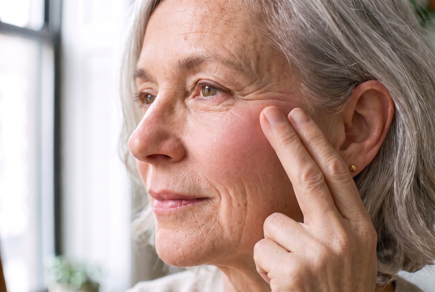 Fingertips pressing rosy cream blush into the cheekbone and blending it up toward the temple