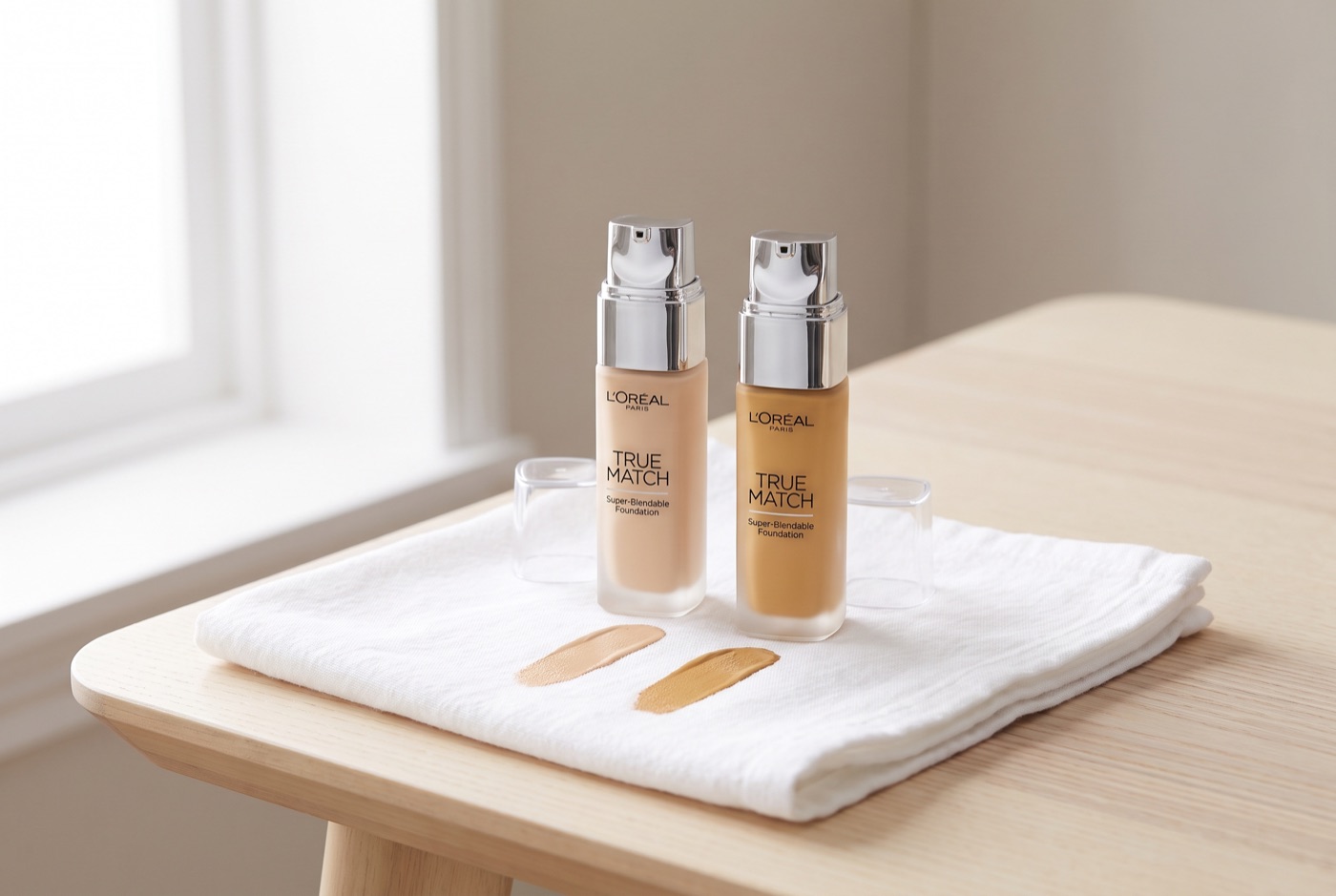 Two bottles of L'Oréal True Match foundation side by side, one lighter and one deeper, with swatches of both on a white towel