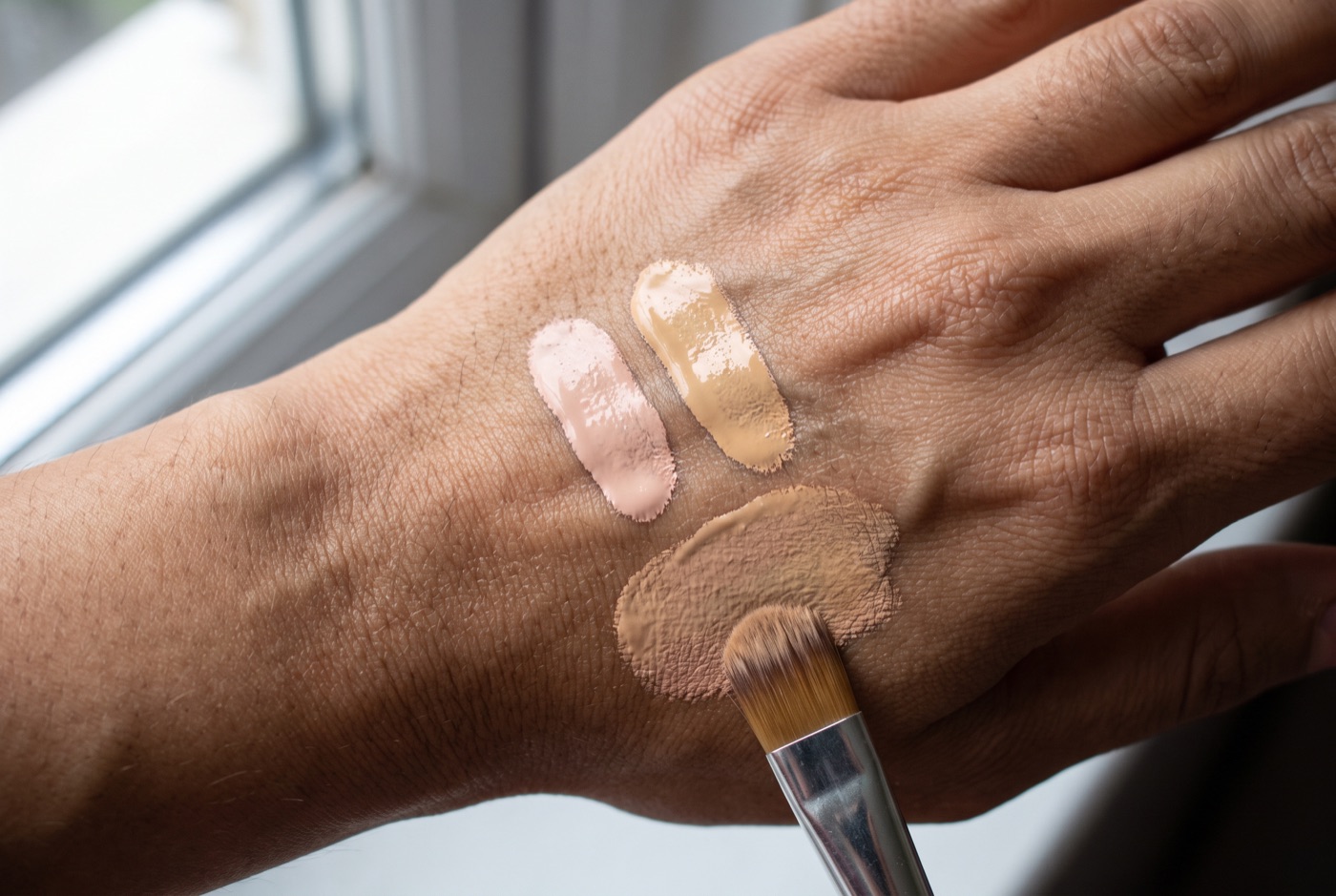 Two foundation shades swatched side by side on the back of a hand, with a third patch below where the two have been mixed together with a flat brush