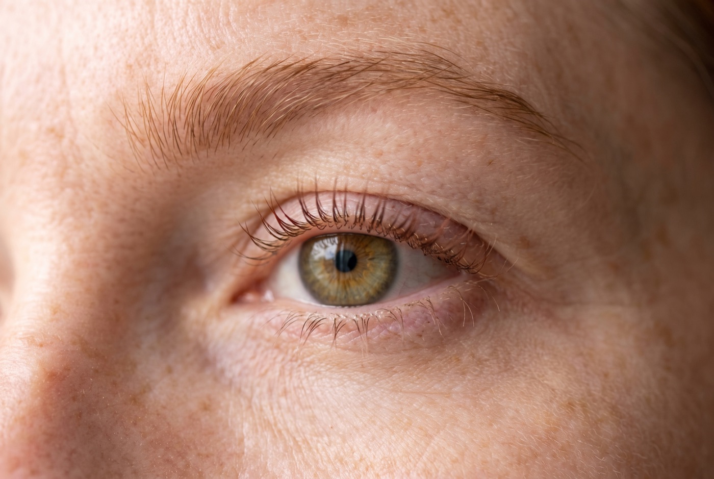 Macro of a freckled woman's green eye with naturally curled lashes and no visible mascara