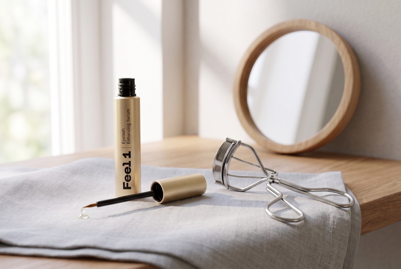A gold Feel1 eyelash serum tube with its fine brush applicator beside a silver eyelash curler on a grey linen cloth