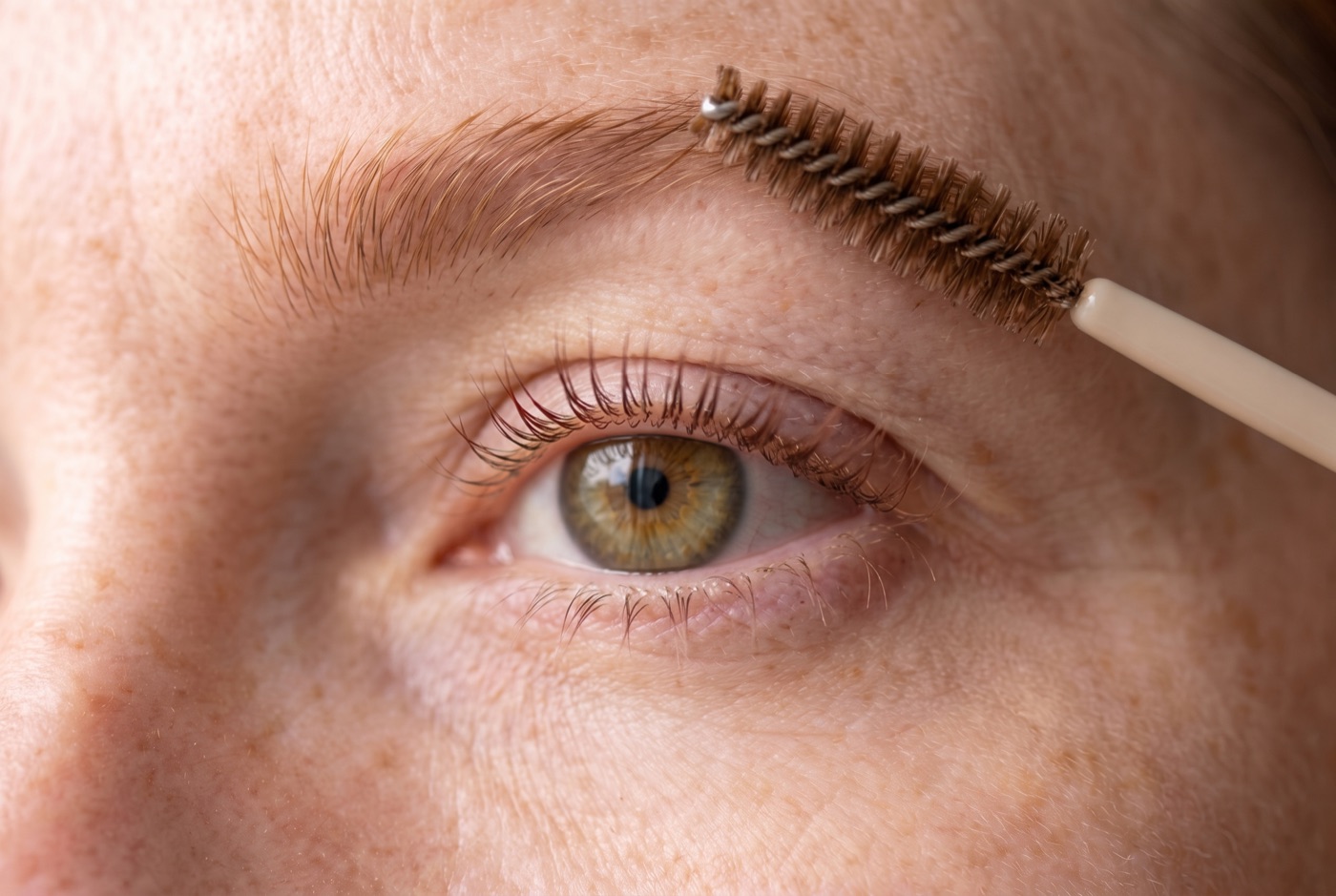 A clean spoolie brushing natural auburn brow hairs upward