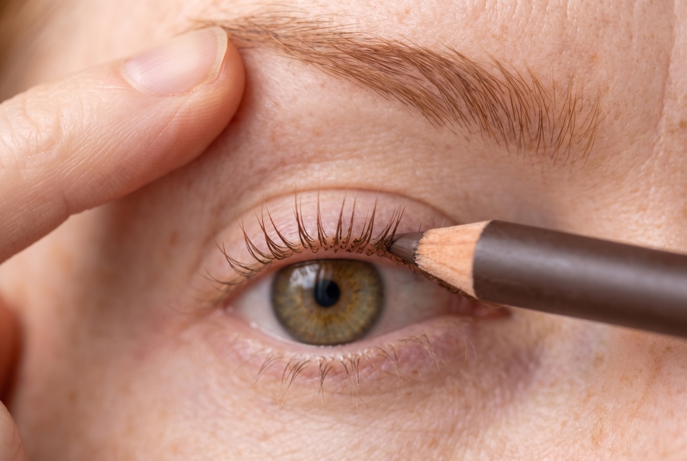 A brown pencil tip pressing into the roots between the upper lashes