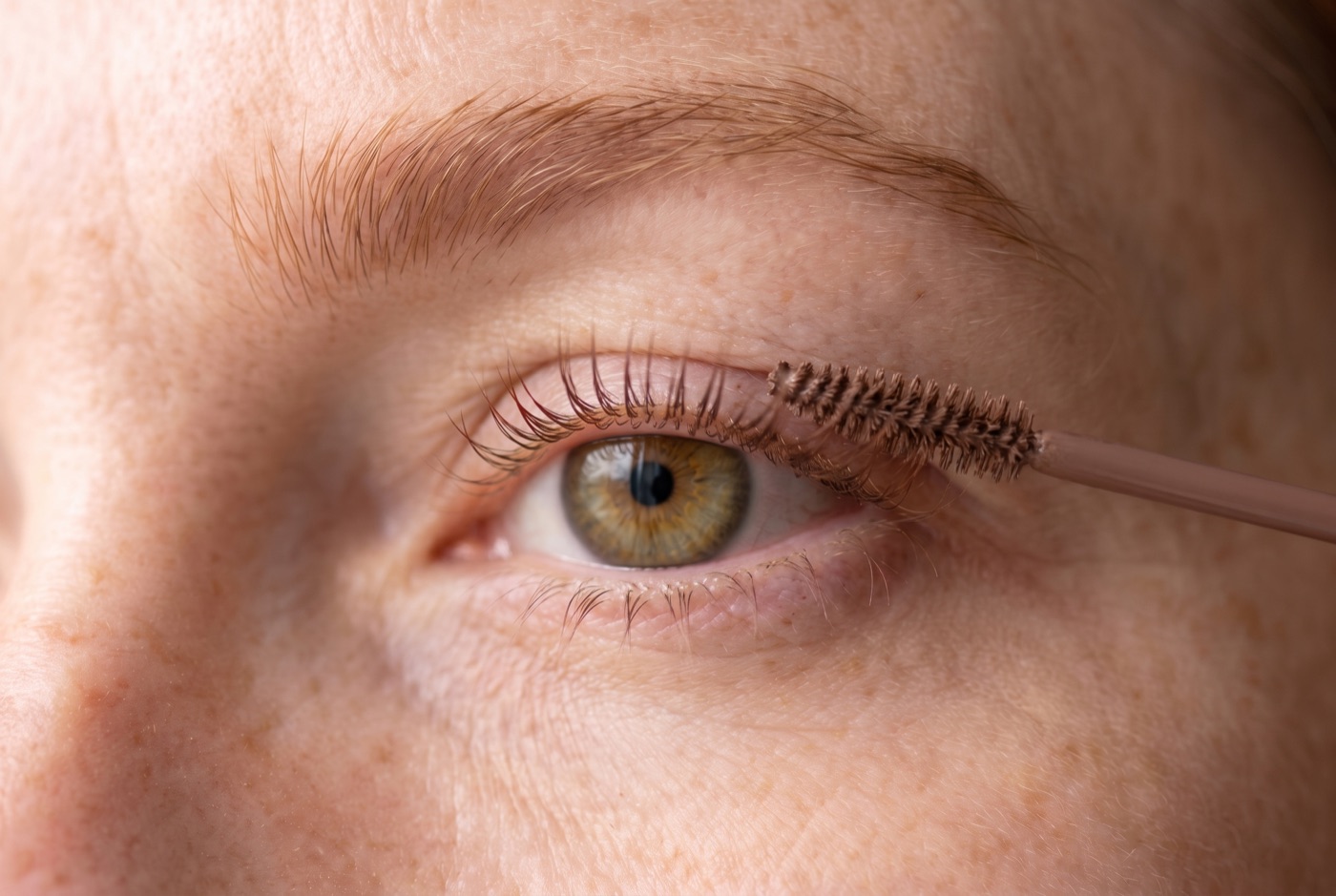 A slim mascara wand with brown mascara touching only the tips of the outer upper lashes