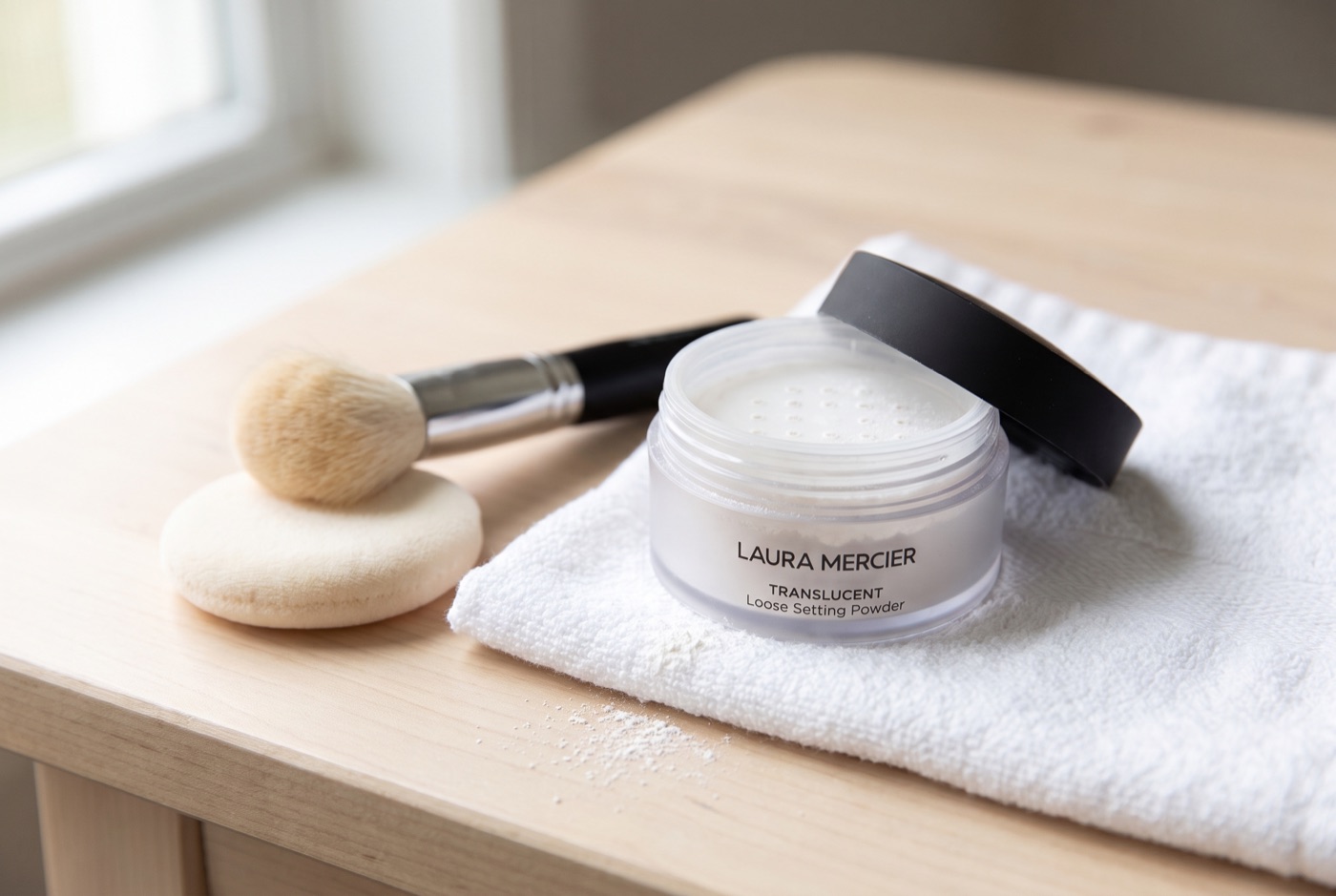 A jar of Laura Mercier Translucent Loose Setting Powder open on a white towel next to a velour puff and a fluffy powder brush