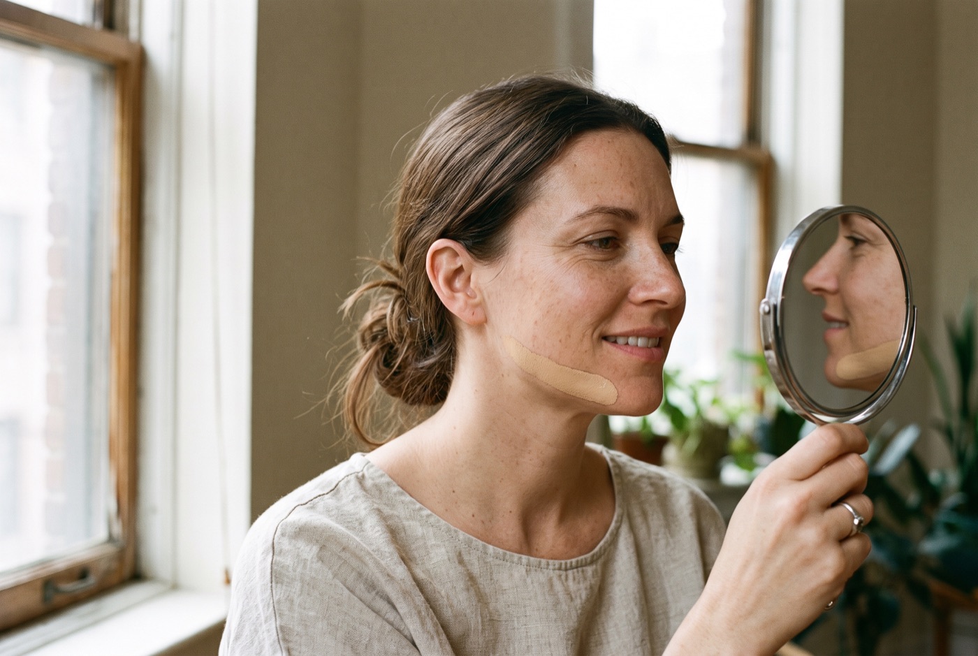 A stripe of foundation swatched along a woman's jawline, checked in a hand mirror next to a daylight window