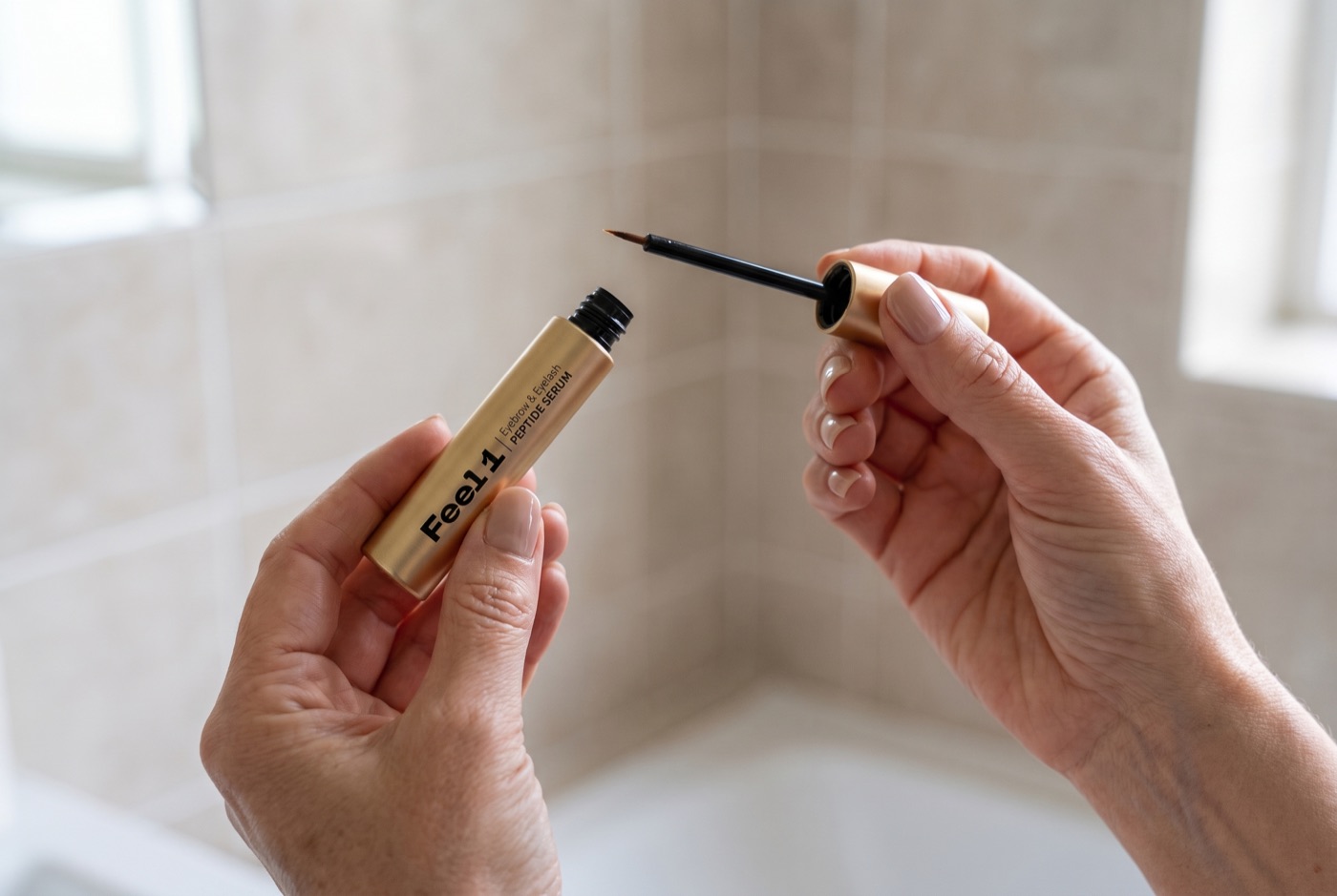 Hands holding the gold Feel1 serum tube and its fine brush applicator