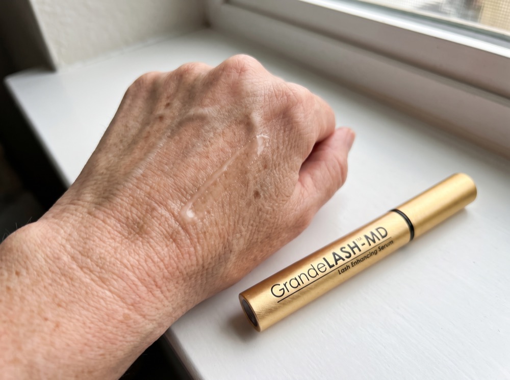 Serum swatch of GrandeLASH-MD Lash Enhancing Serum on the back of a hand
