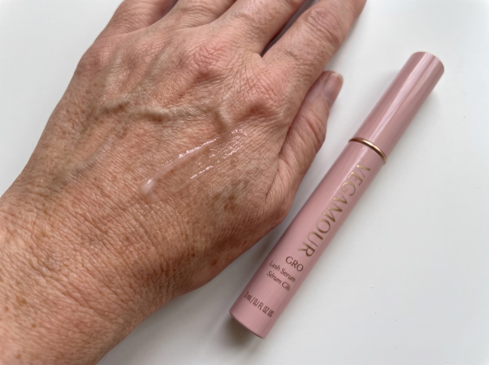 Serum swatch of Vegamour GRO Lash Serum on the back of a hand