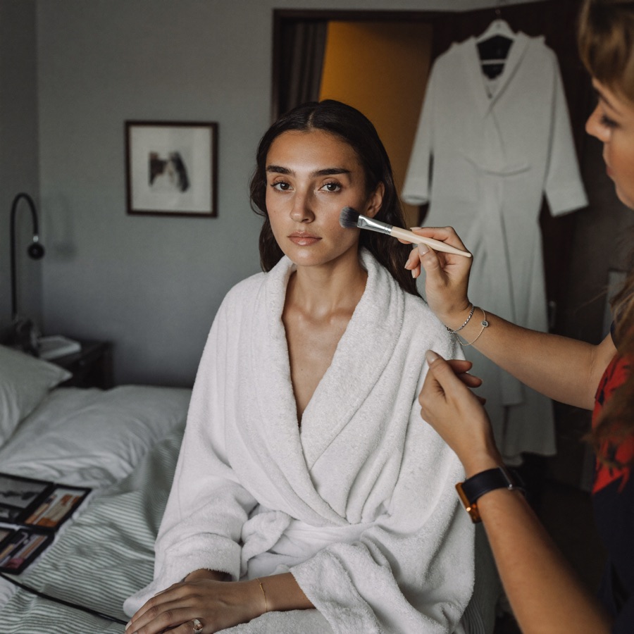 Bride in soft natural makeup by a window on the morning of her wedding