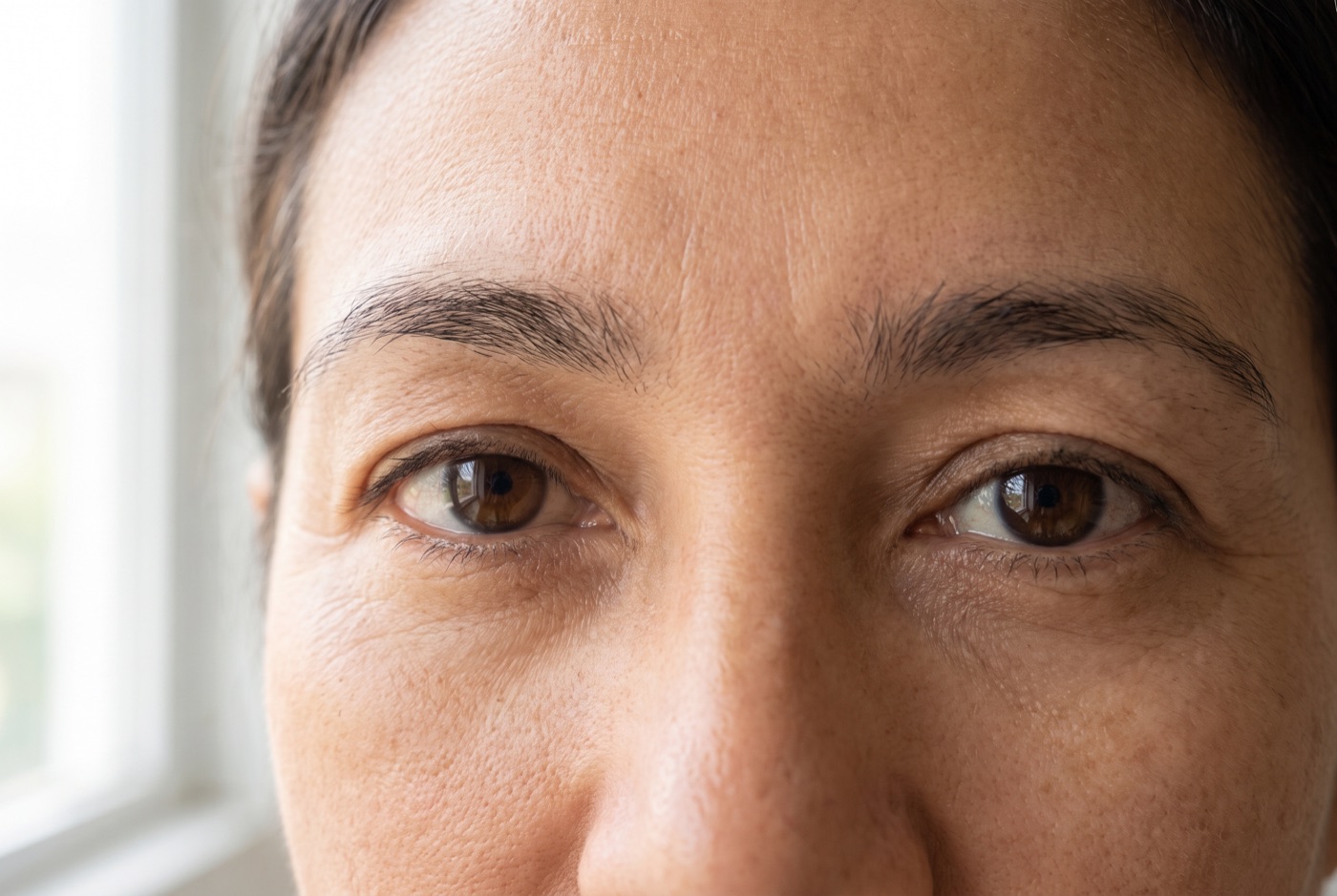Close-up of a woman's bare eyes and brows looking straight ahead, with a natural crease and slight hooding at the outer corners