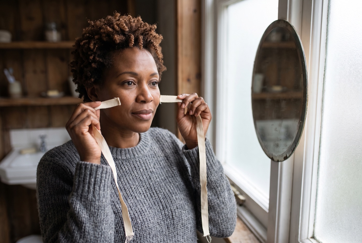 Woman with short curly hair by a bathroom mirror, holding a soft cream tailor's tape measure up to both cheekbones